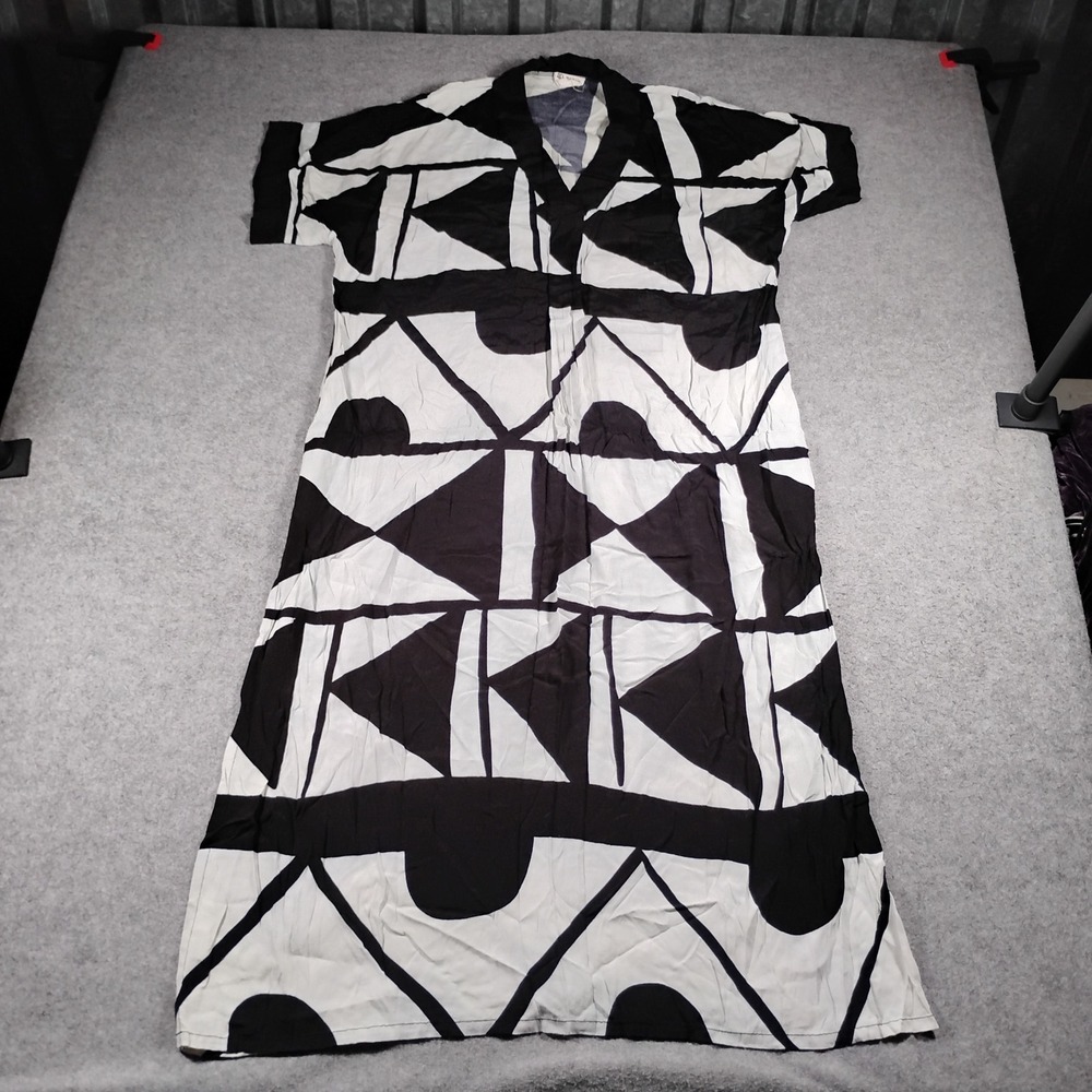 Bel Kazan Black White Geometric Abstract Rayon Maxi Dress M/L Pockets Slit
